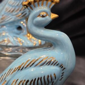 Vintage Peacock Figurine Pair Turquoise Ceramic Mid Century Hollywood Regency